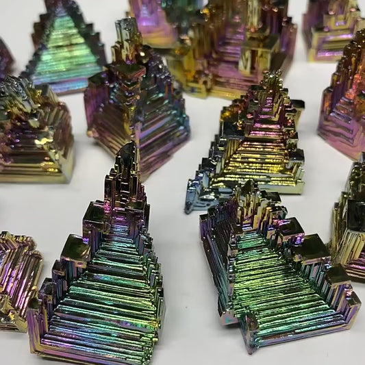 Rainbow lab grown bismuth crystal cluster, iridescent colorful metal crystal specimen for wholesale, mineral collection and home decor