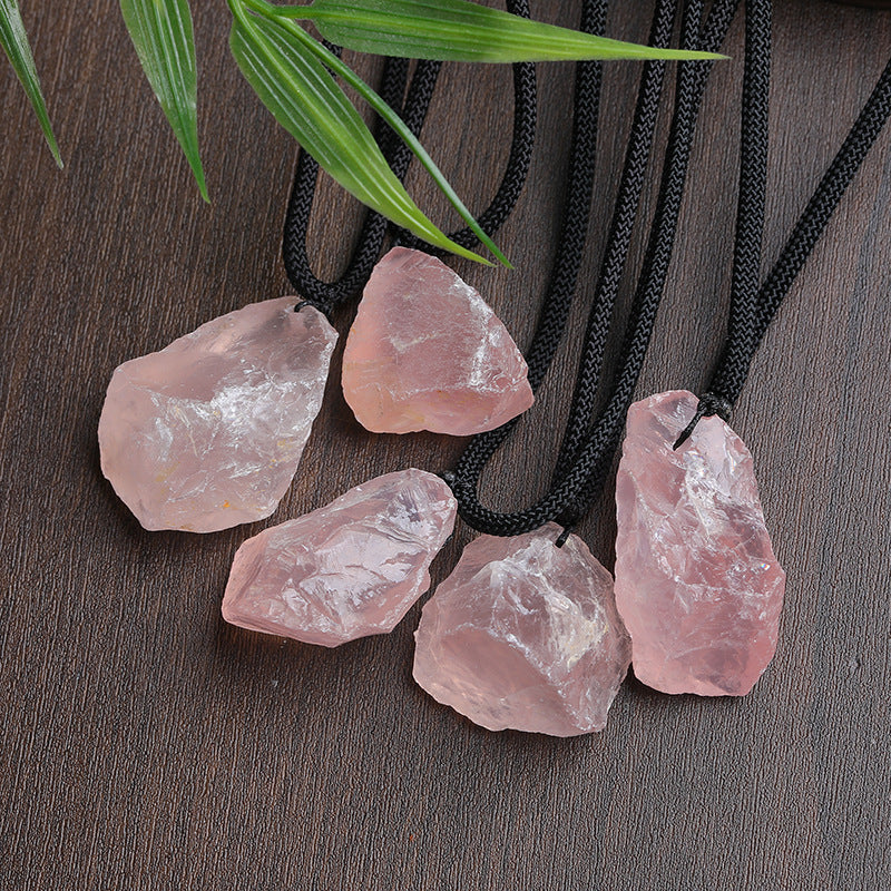 Natural Raw Rose Quartz Pendant Necklace, Rough Pink Crystal Stone with Black Cord for Wholesale