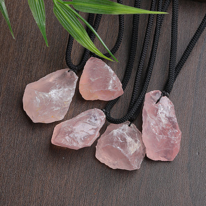 Natural Raw Rose Quartz Pendant Necklace, Rough Pink Crystal Stone with Black Cord for Wholesale