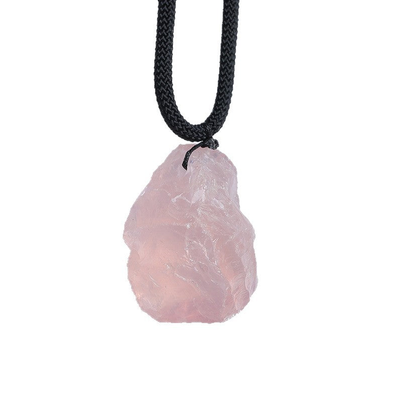 Single Natural Raw Rose Quartz Pendant Necklace, Rough Pink Crystal Stone with Black Cord, White Background for Wholesale