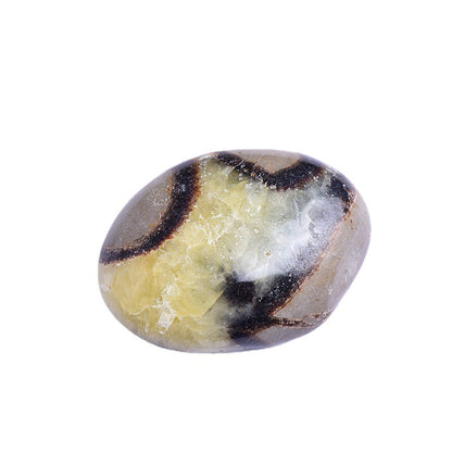 Close up of septarian dragon stone palm stone, natural patterned polished worry stone