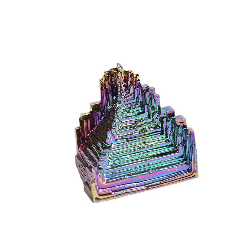 Small lab grown rainbow bismuth crystal cluster on white background, bulk wholesale mineral specimen