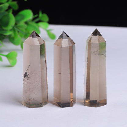 Natural smoky quartz crystal tower point, polished light brown transparent hexagonal quartz wand obelisk
