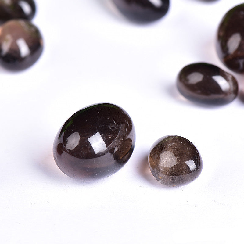Closeup of Polished Smoky Quartz Tumbled Palm Stones, Brown Natural Smoky Quartz Crystals
