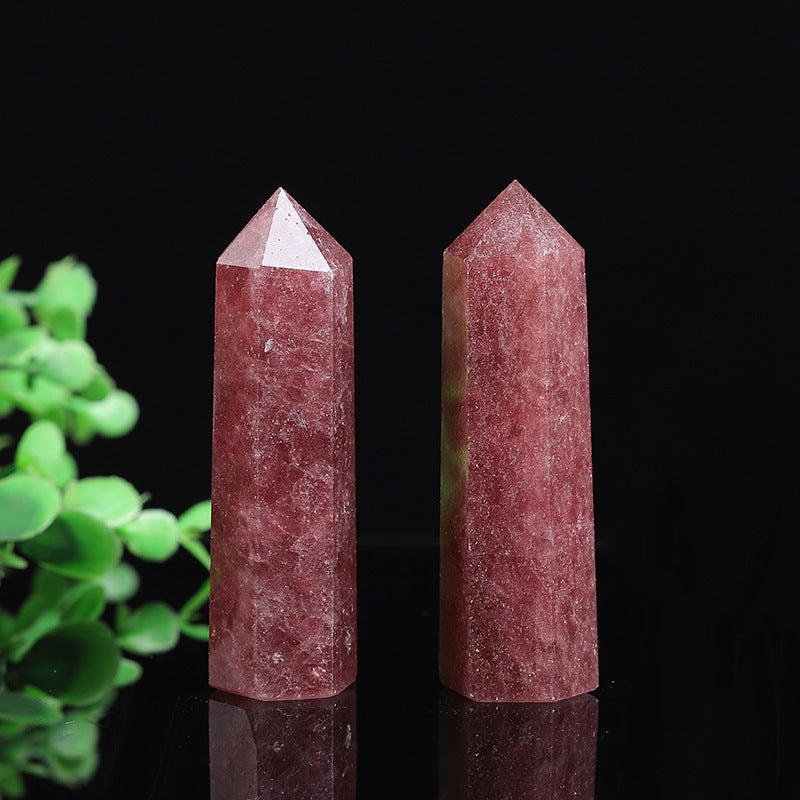 Natural strawberry quartz crystal tower point, polished red pink hexagonal quartz obelisk wand
