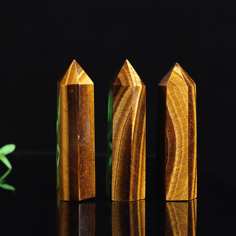Natural tiger eye crystal tower point, polished yellow hexagonal quartz wand obelisk
