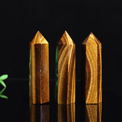 Natural tiger eye crystal tower point, polished yellow hexagonal quartz wand obelisk
