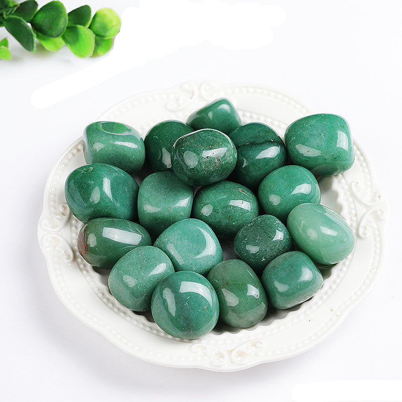 Natural Polished Tumbled Green Aventurine Stones, Green Aventurine Tumbles on White Plate for Crystal Wholesale