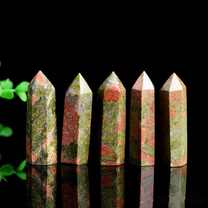 Natural unakite crystal tower point, polished green pink hexagonal obelisk wand
